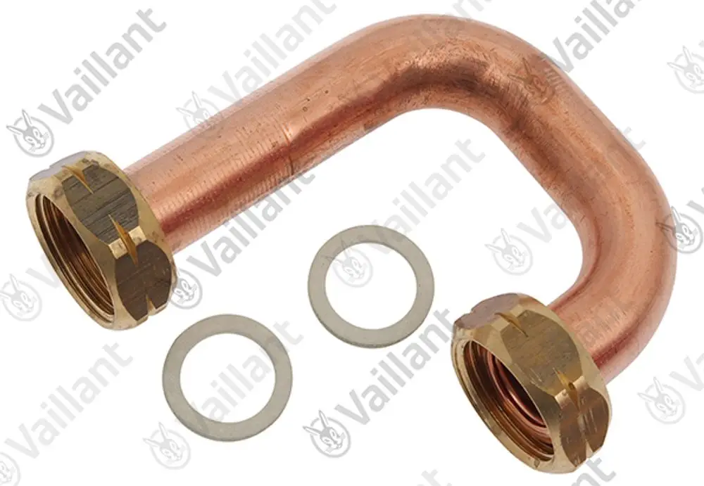Kupferrohr mit zwei Messinganschlüssen und zwei Dichtungen. Produkt von Vaillant, geeignet für Heizungs- oder Sanitärinstallationen.